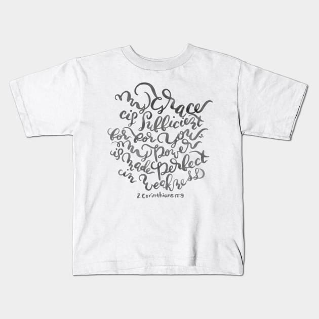 My Grace is Sufficient - 2 Corinthians 12:9 / Black on White Kids T-Shirt by joyfultaylor